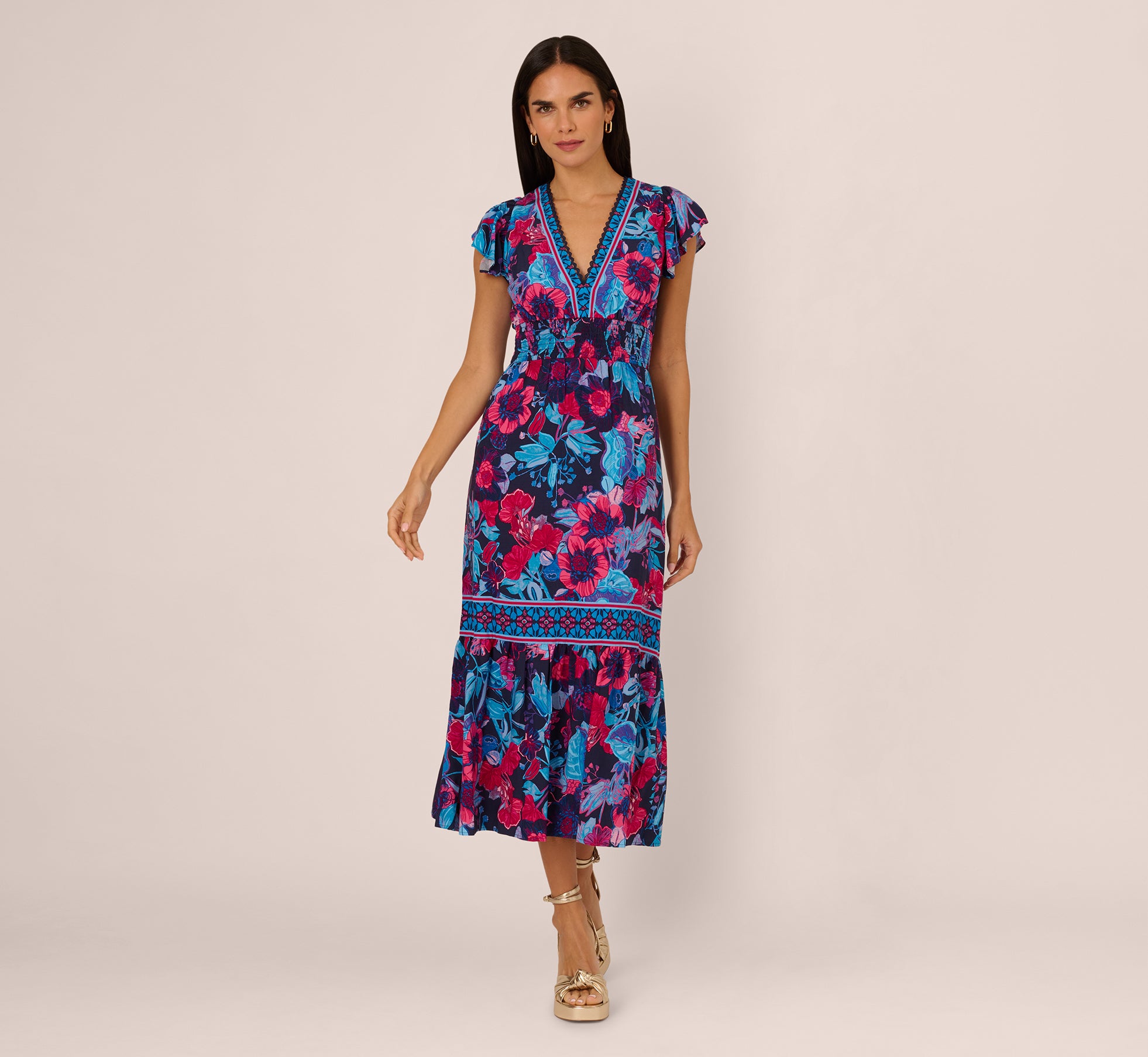 Bright Floral Print Midi Dress With Flutter Sleeves In Navy Pink Multi 1