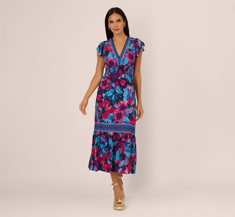 Bright Floral Print Midi Dress With Flutter Sleeves In Navy Pink Multi