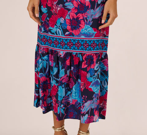 Bright Floral Print Midi Dress With Flutter Sleeves In Navy Pink Multi