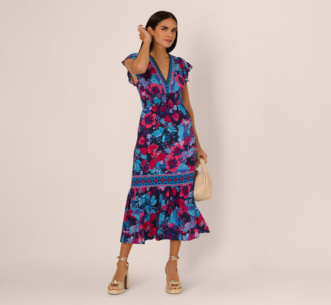 Bright Floral Print Midi Dress With Flutter Sleeves In Navy Pink Multi