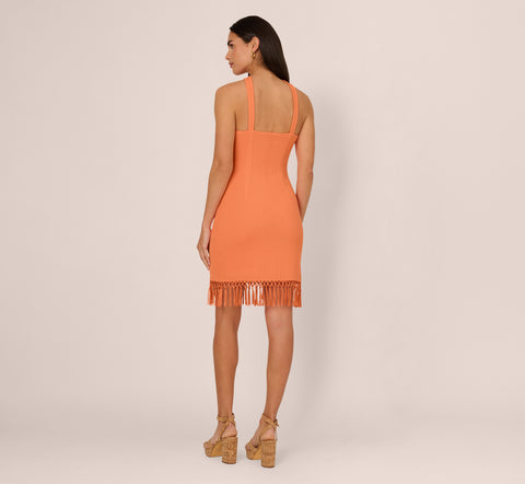 Rib Knit Halter Dress With Fringe Skirt In Tangerine