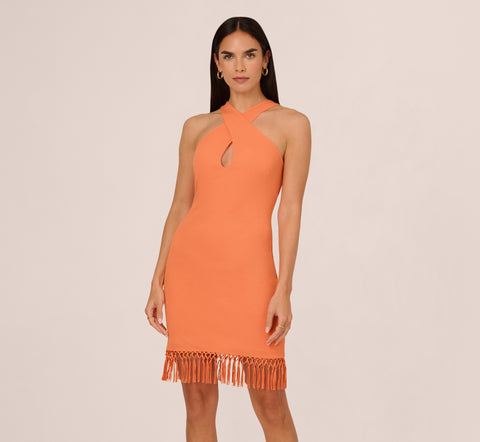 Rib Knit Halter Dress With Fringe Skirt In Tangerine