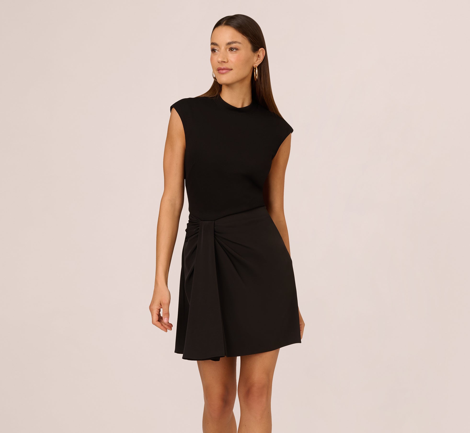 Cap Sleeve A Line Dress With Twisted Waist In Black 1