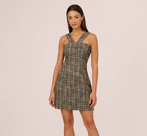 Sleeveless Tweed Mini Dress With Halter Straps In Black Ivory