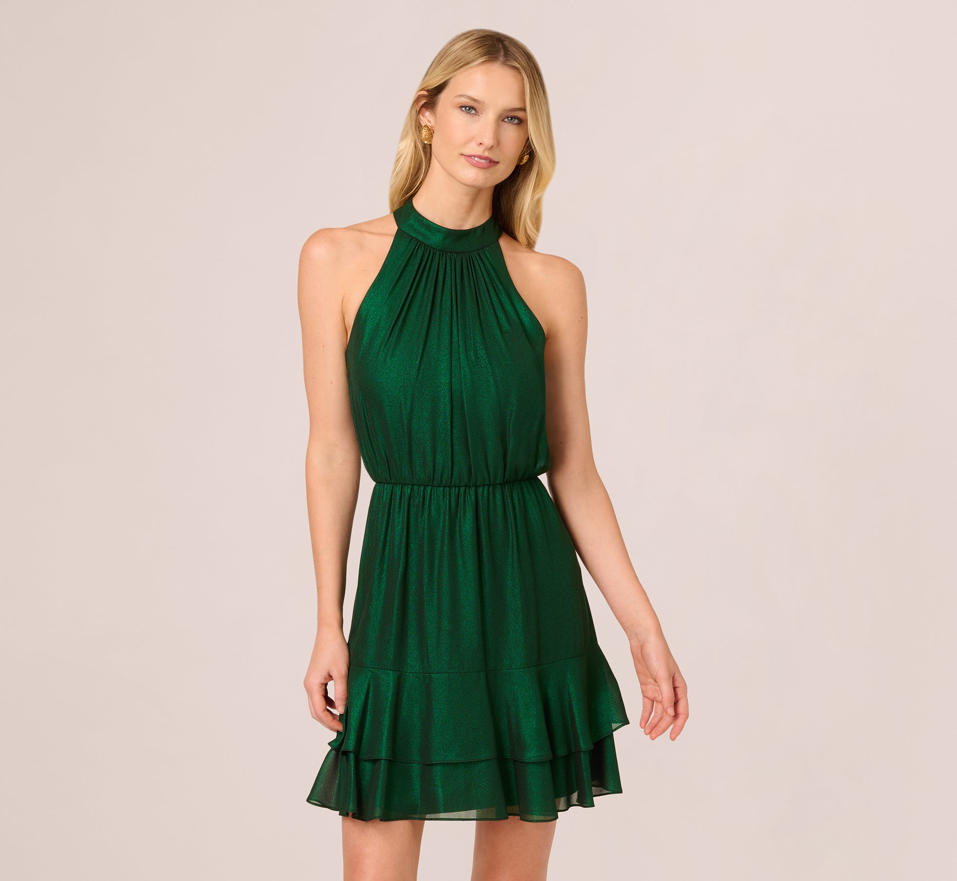 Metallic Blouson Halter Dress In Emerald Green 1