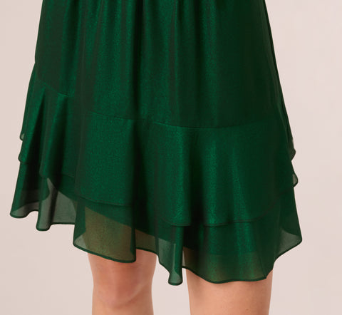 Metallic Blouson Halter Dress In Emerald Green