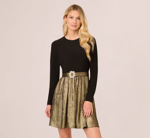 Jersey Metallic Combo Short Dress In Black Gold