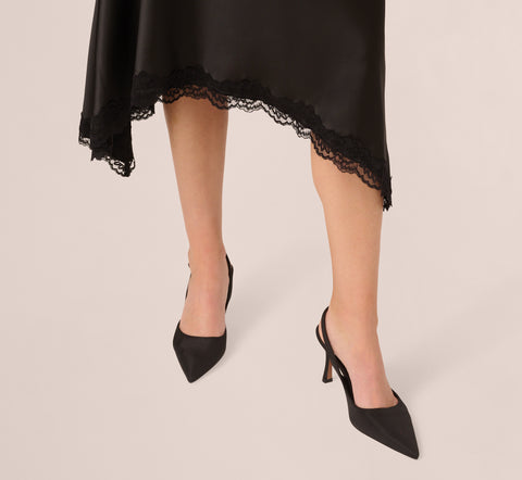 Satin Lace Midi Slip Dress In Black