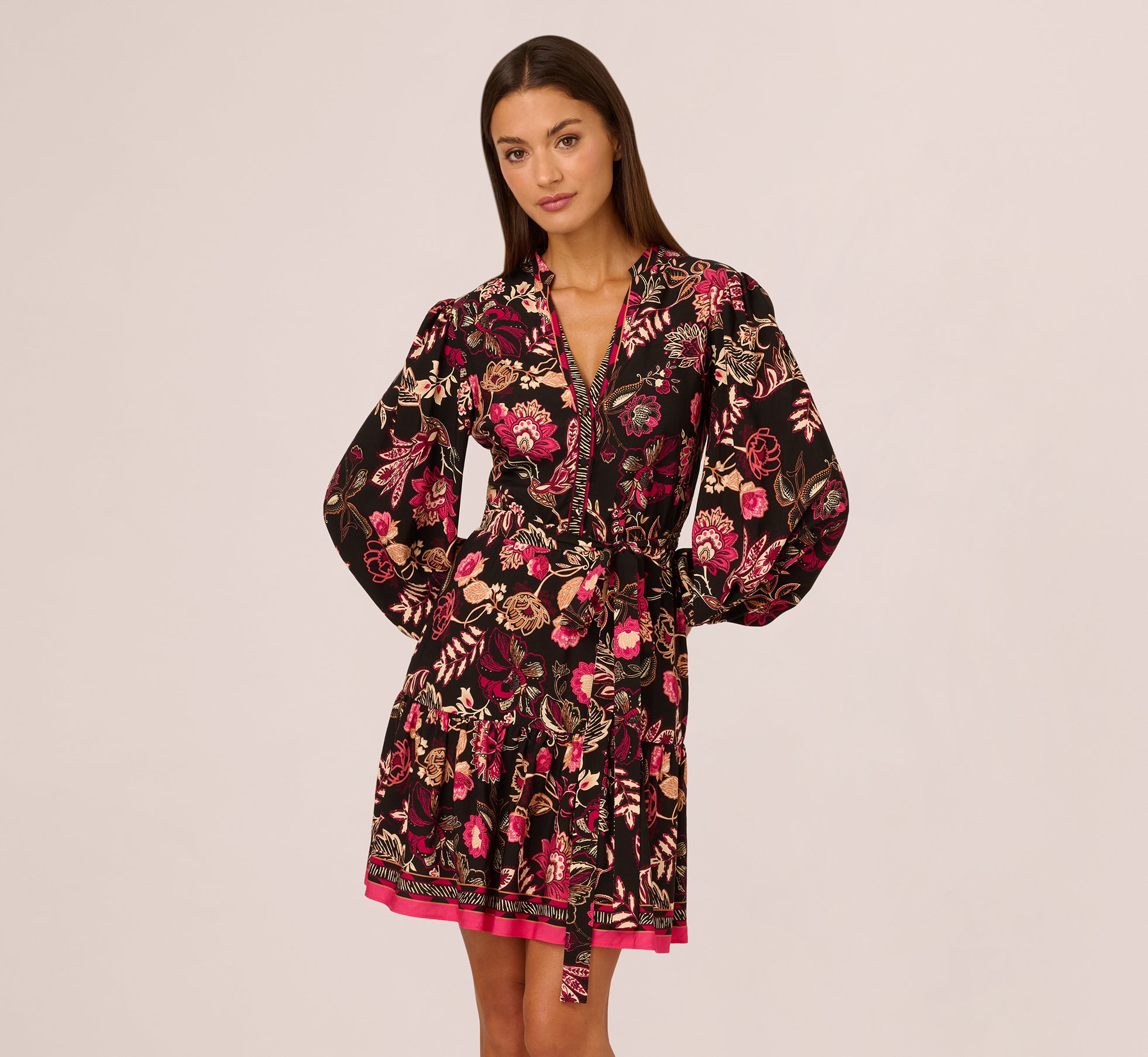 Floral Printed V Neck Button Front Dress With Long Sleeves In Black Multi 1