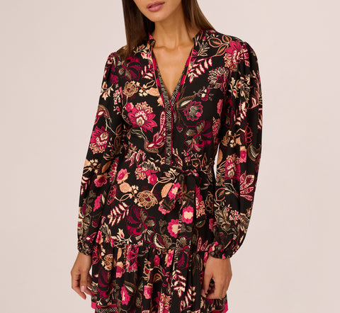 Floral Printed V Neck Button Front Dress With Long Sleeves In Black Multi