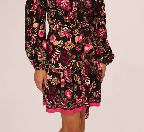 Floral Printed V Neck Button Front Dress With Long Sleeves In Black Multi