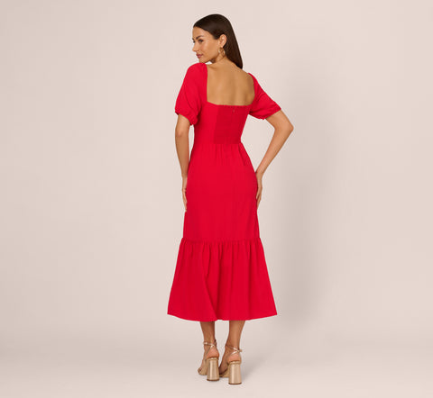 Puff Sleeve Midi Dress With Flounce Hem In Scarlet