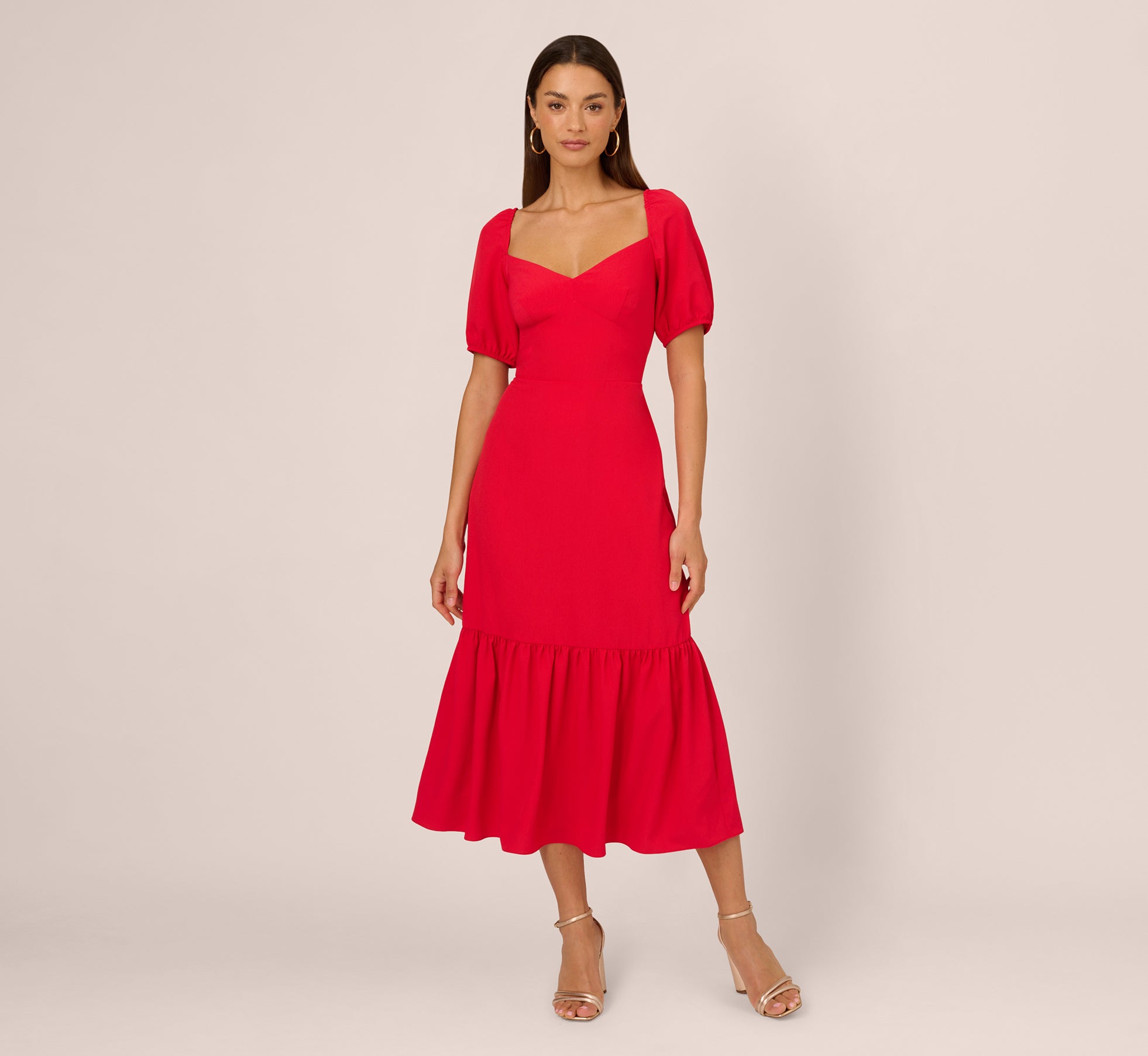 Puff Sleeve Midi Dress With Flounce Hem In Scarlet 1