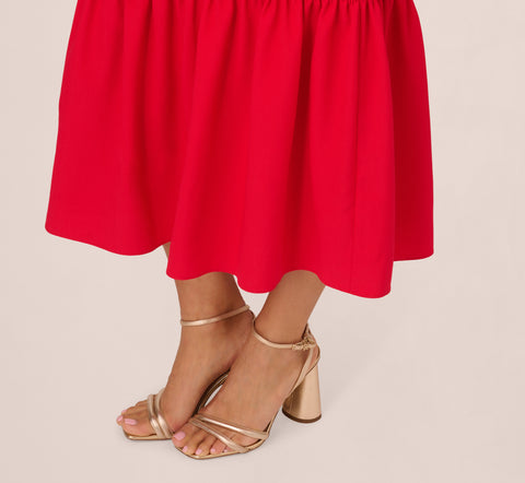 Puff Sleeve Midi Dress With Flounce Hem In Scarlet