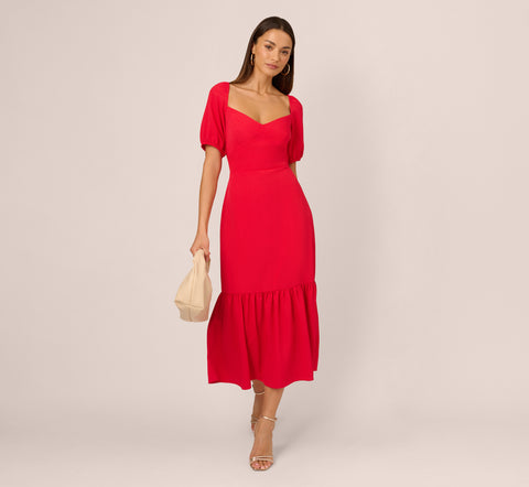 Puff Sleeve Midi Dress With Flounce Hem In Scarlet