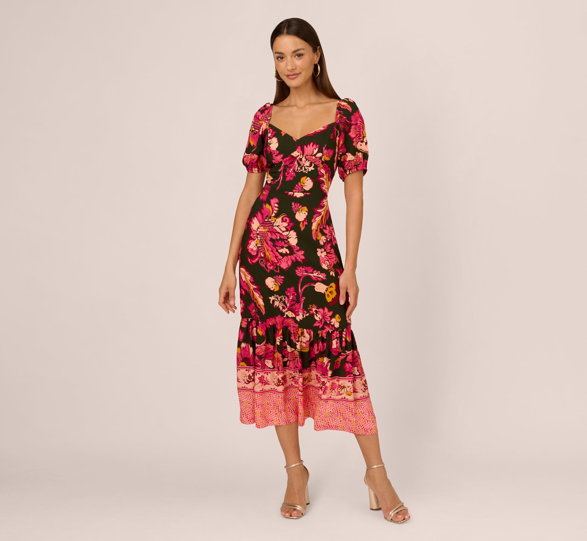 Floral Print Maxi Dress With Puff Sleeves In Hunter Multi 1