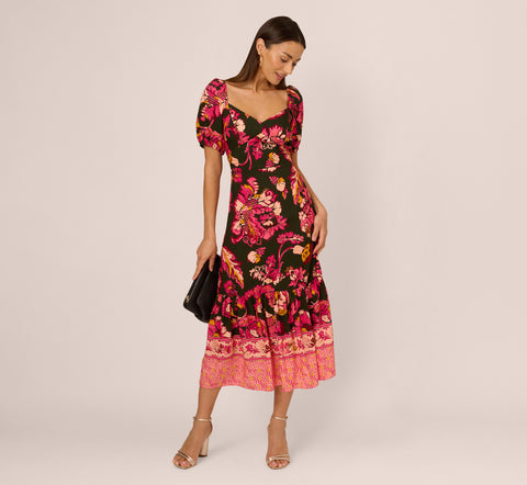 Floral Print Maxi Dress With Puff Sleeves In Hunter Multi