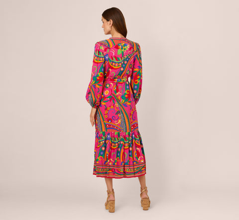 Long Sleeve Retro Printed Midi Dress In Pink Multi