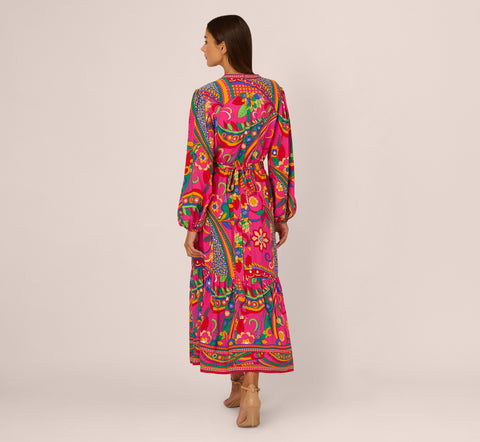 Long Sleeve Retro Printed Midi Dress In Pink Multi