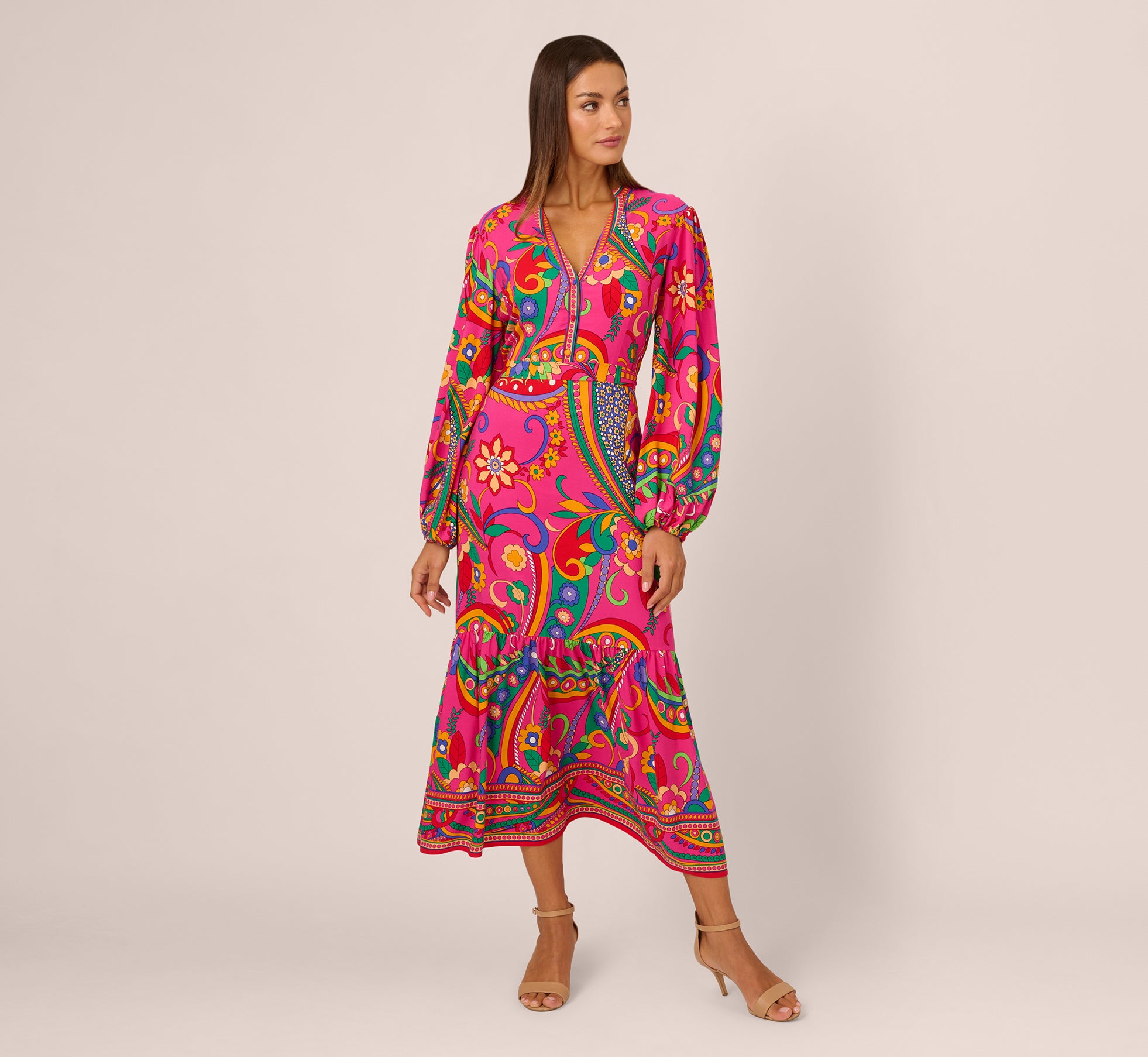 Long Sleeve Retro Printed Midi Dress In Pink Multi 1