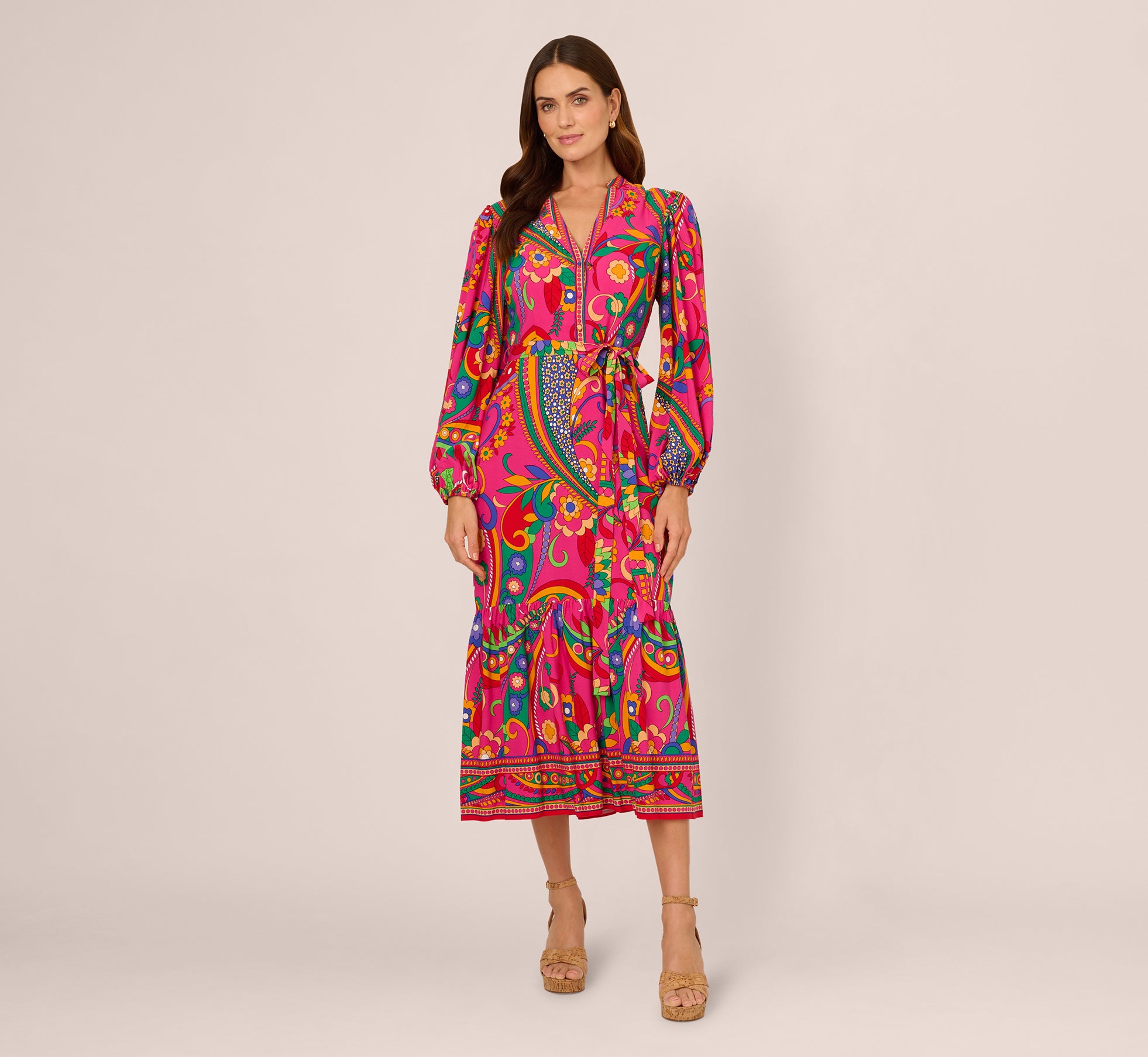 Long Sleeve Retro Printed Midi Dress In Pink Multi 1