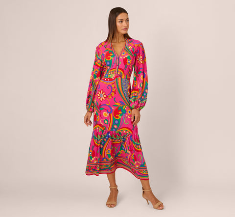 Long Sleeve Retro Printed Midi Dress In Pink Multi