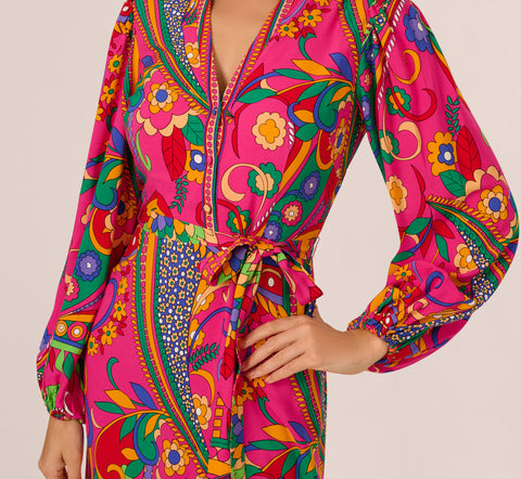 Long Sleeve Retro Printed Midi Dress In Pink Multi