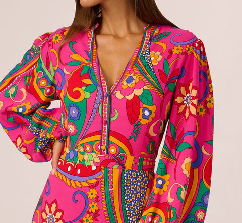 Long Sleeve Retro Printed Midi Dress In Pink Multi