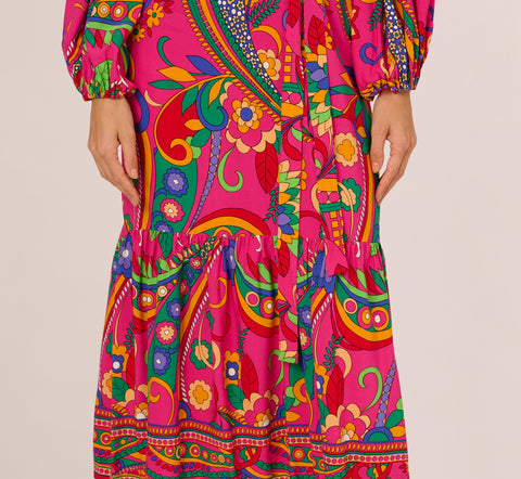 Long Sleeve Retro Printed Midi Dress In Pink Multi