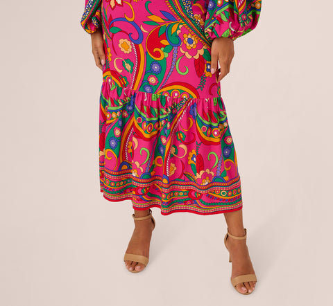 Long Sleeve Retro Printed Midi Dress In Pink Multi