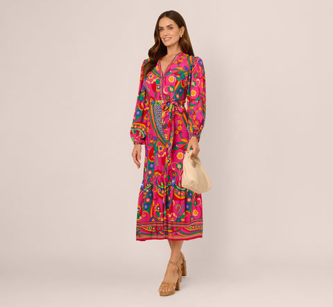 Long Sleeve Retro Printed Midi Dress In Pink Multi