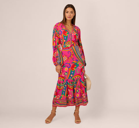 Long Sleeve Retro Printed Midi Dress In Pink Multi