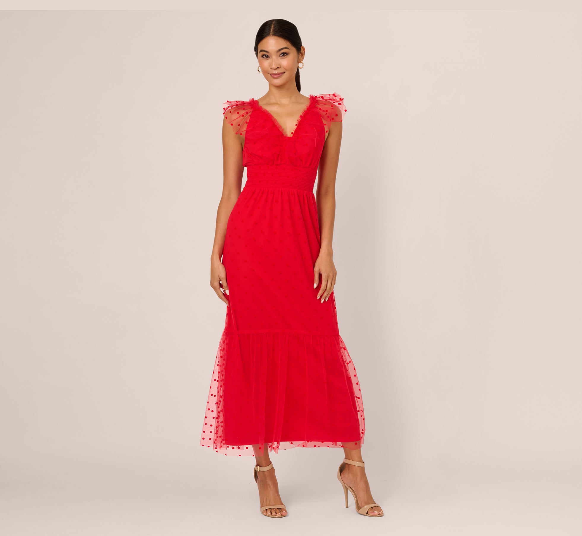 Dot Tulle Ruffle Dress In Red 1