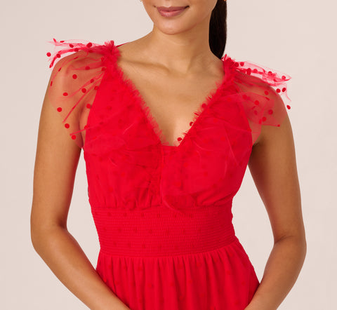 Dot Tulle Ruffle Dress In Red