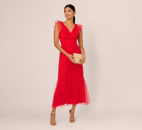 Dot Tulle Ruffle Dress In Red