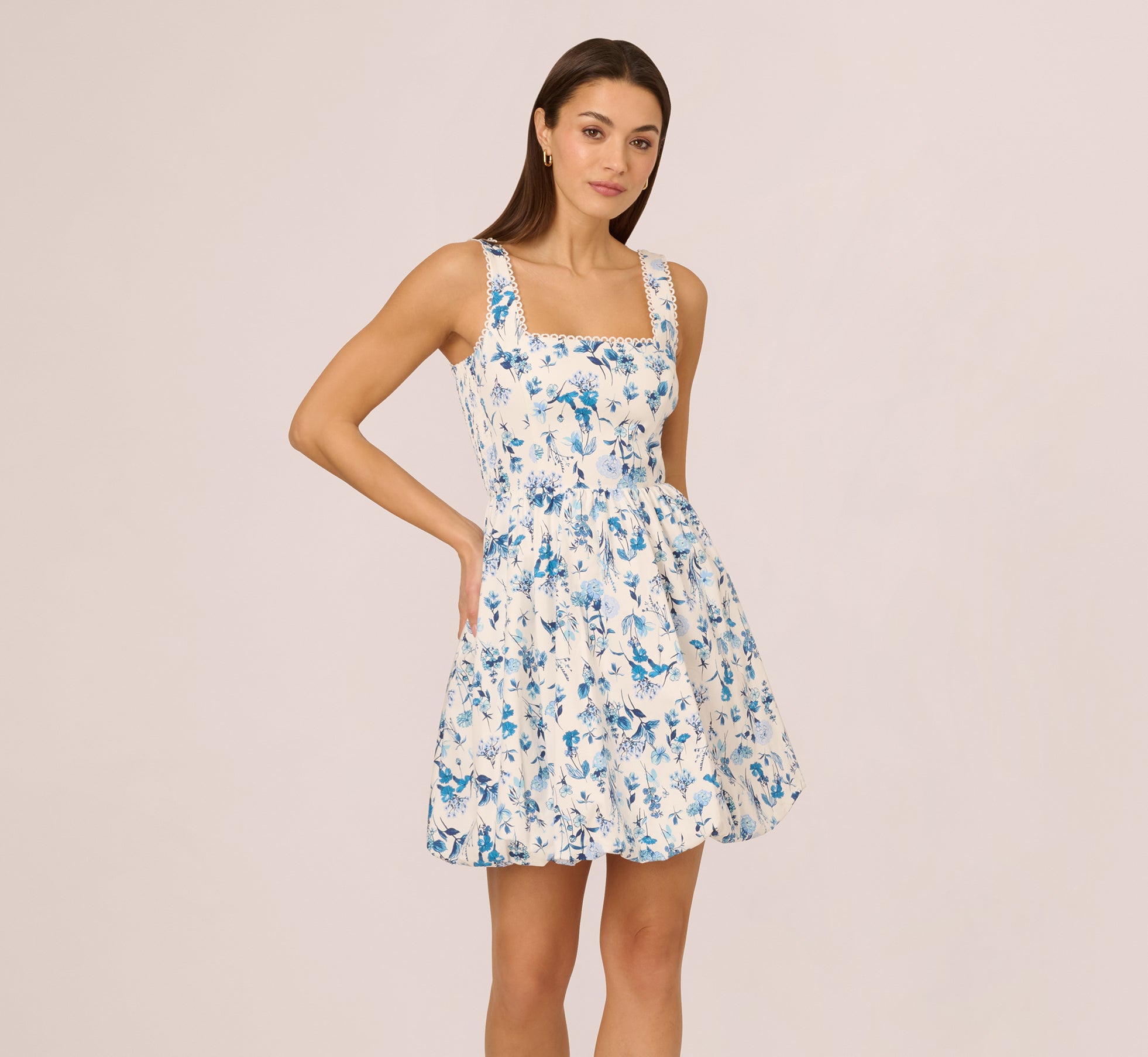 Sleeveless Floral Short Balloon Skirt Dress In Ivory Blue Multi 1