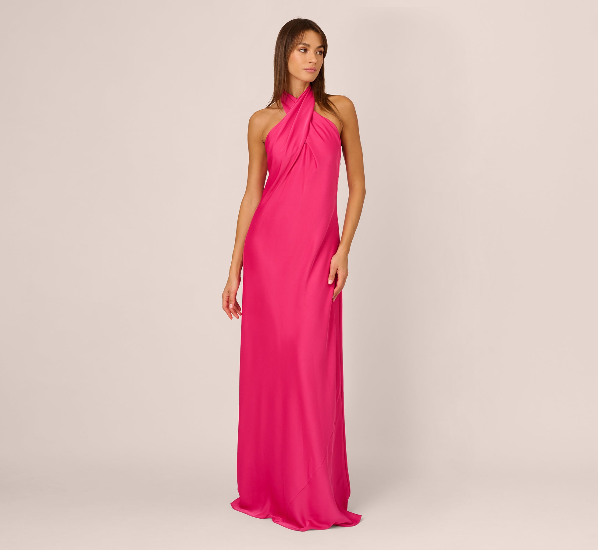 Stretch Satin Mermaid Gown With Halter Neckline In Hot Pink