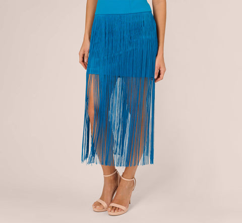 Crepe Fringe Dress With Double Spaghetti Straps And V Back In Deep Cerulean