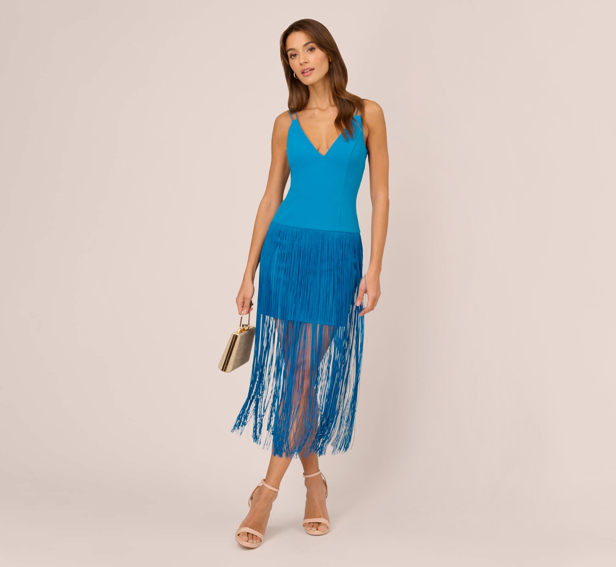 Crepe Fringe Dress With Double Spaghetti Straps And V Back In Deep