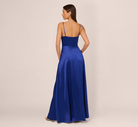 Liquid Satin Gown With Corset Bodice In Royal Sapphire
