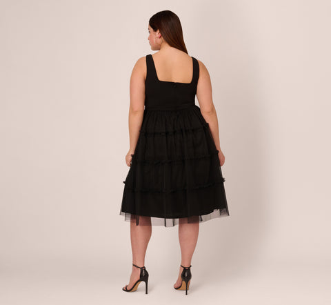 Plus Size Sleeveless Midi Dress With Square Neck And Tiered Skirt In Black