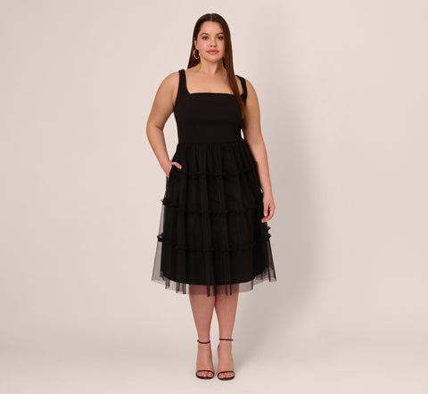 Plus Size Sleeveless Midi Dress With Square Neck And Tiered Skirt In Black