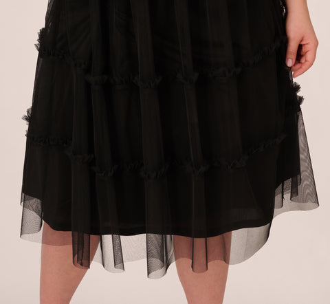 Plus Size Sleeveless Midi Dress With Square Neck And Tiered Skirt In Black