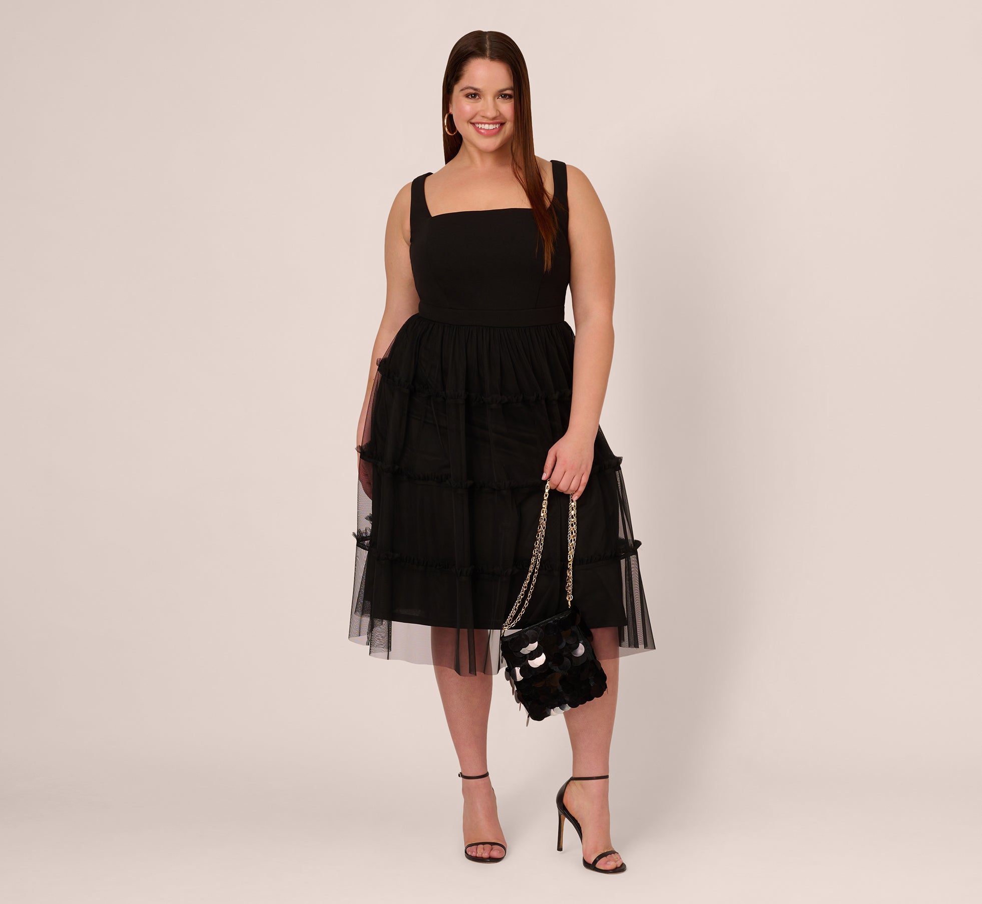 Plus Size Sleeveless Midi Dress With Square Neck And Tiered Skirt In Black 1