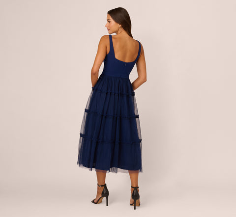 Sleeveless Midi Dress With Square Neck And Tiered Skirt In Navy