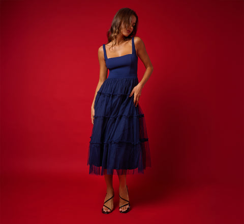 Sleeveless Midi Dress With Square Neck And Tiered Skirt In Navy