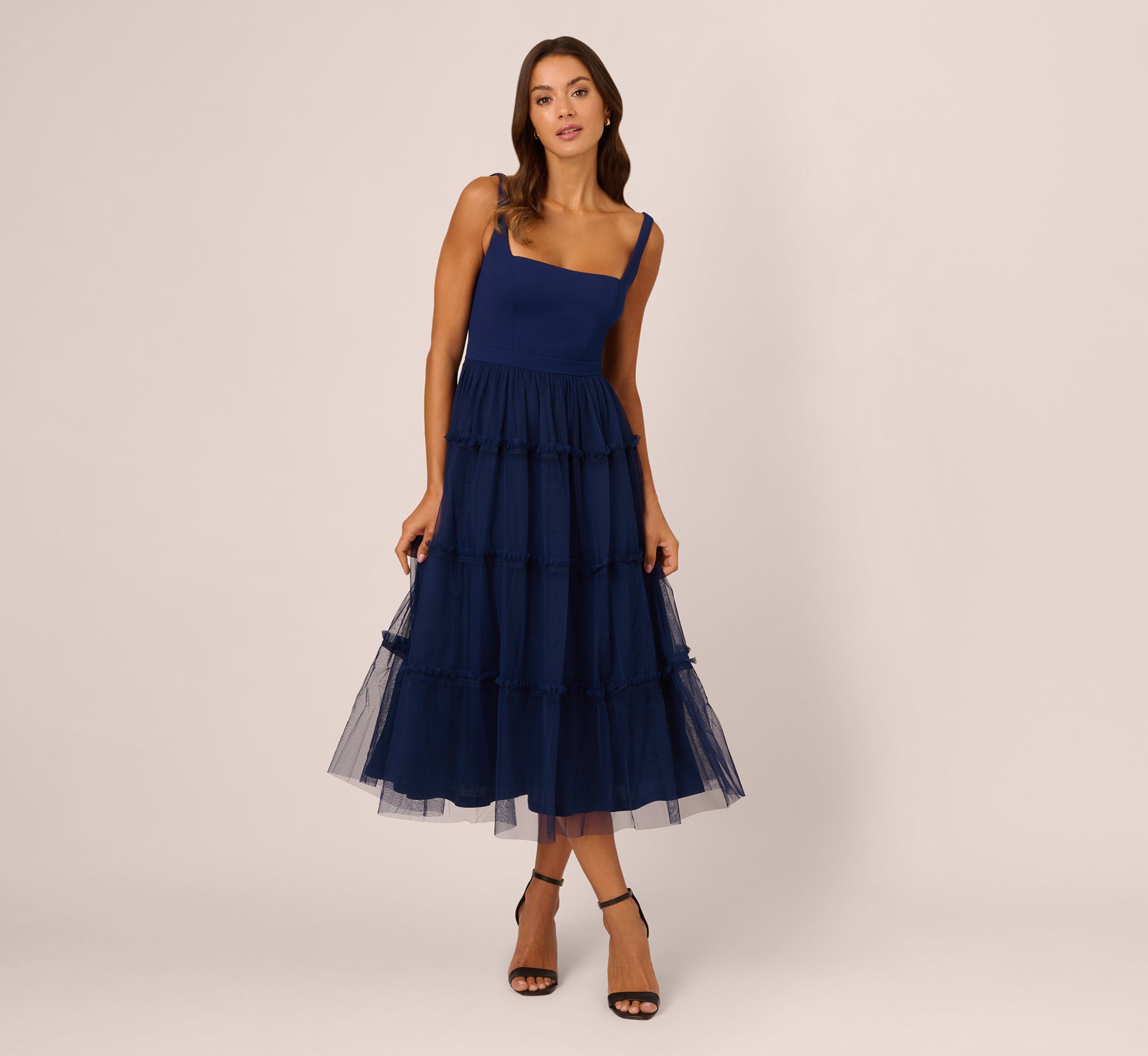 Sleeveless Midi Dress With Square Neck And Tiered Skirt In Navy 1