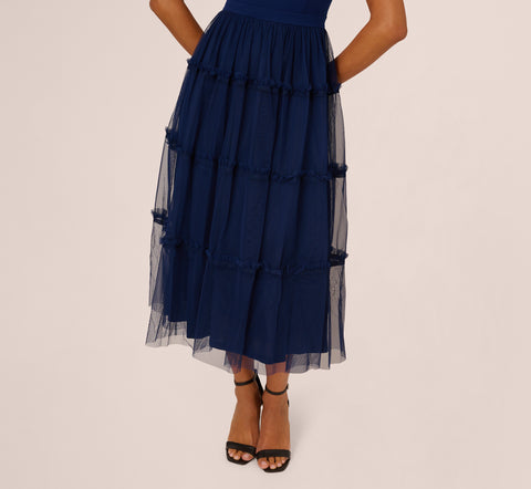 Sleeveless Midi Dress With Square Neck And Tiered Skirt In Navy