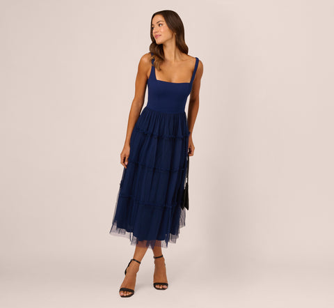 Sleeveless Midi Dress With Square Neck And Tiered Skirt In Navy