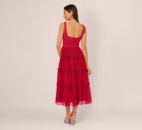 Sleeveless Midi Dress With Square Neck And Tiered Skirt In Matador Red